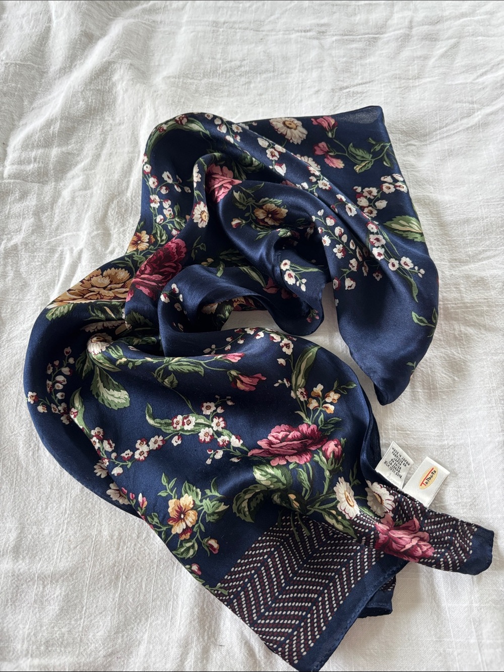 Vintage Talbots silk scarf, navy w/rose/tan/green/cream flowers, Japan, 57x11”